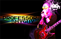 Professor Shyguy carries a guitar and sings into a microphone beside his name (which is in front of a splash of rainbow colors)
