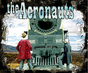 altered photo of two men in front of a train with the aeronauts logo above them