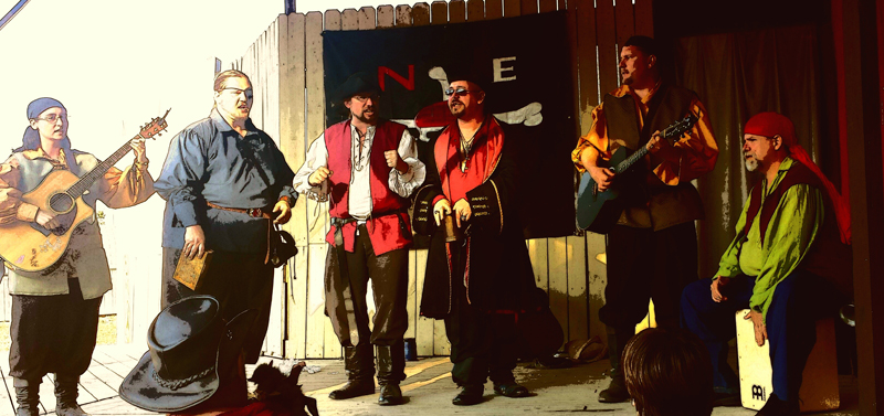 a band dressed as pirates sings while holding various instruments